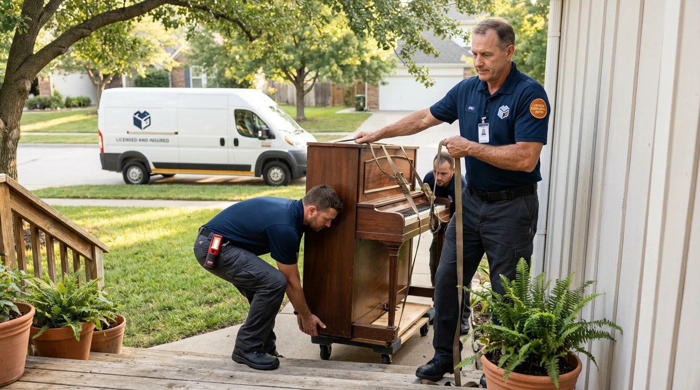 Licensed piano movers securing grand piano in Fremont, MI